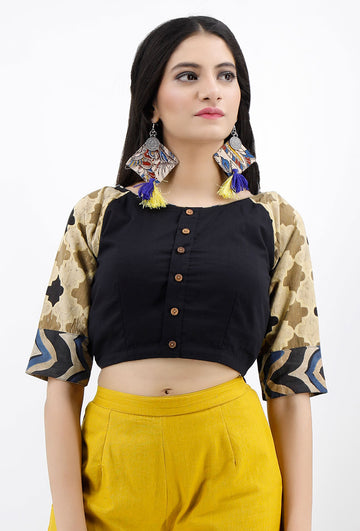 Black Cotton Blouse With Ajrakh Sleeves